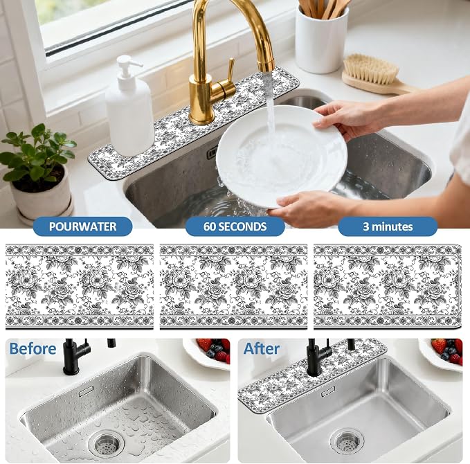 2 Pcs Black Flower Kitchen Sink Splash Guard Faucet Mat | Black Sketch Flowers Pattern Faucet Mat for Sinks Absorbing Drying Mat for Kitchen Bathroom 23.6x5.5in - Image 5