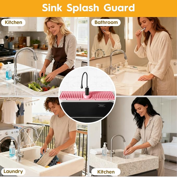 24" Silicone Faucet Mat for Kitchen Sink of The Lastest, Pink | 8° Slope Fast Self-draining, Kitchen Sink Water Splash Guard, Behind Faucet Draining Mat, for Bathroom Kitchen Sink Area - Image 8