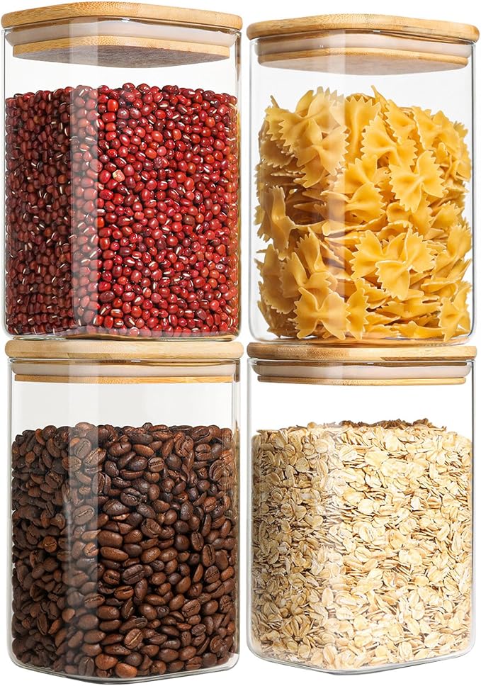 ComSaf Square Glass Containers With Lids 1.2 Qt, Set of 4 Pantry Galss Jars | Kitchen Glass Pantry Storage Containers, Storage Canisters, Silicone Seal, Dry Food, Cookie, Flour, Spice, Coffee, BPA Free by ComSaf