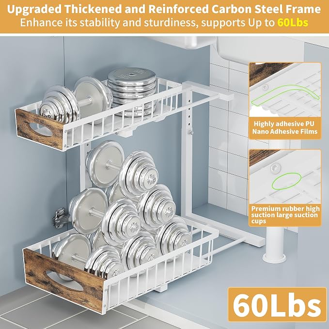 2 Pack Reinforced Metal Under Sink Organizer with Sliding Drawer, L-Shaped Adjustable Height Pull Out Cabinet Organizer with Wooden Handle, Under Bathroom Sink Storage for Kitchen, Pantry, White - Image 5
