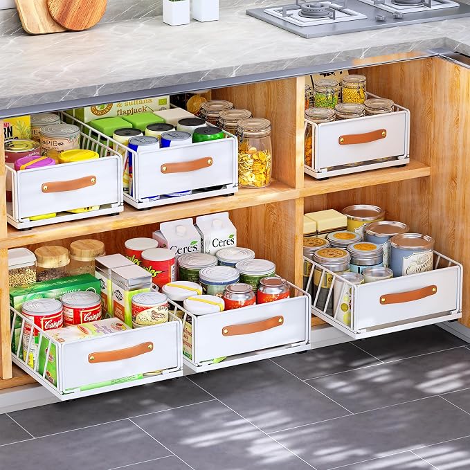 2Pack Pull out Cabinet Organizer,Heavy Duty Slide out Pantry Shelves Drawer Storage with Adhesive Nano Film,Sliding Mesh Basket with Handle for Kitchen, Bathroom, Home, 11.8W" X 15.7"D X 6.2"H,White - Image 9