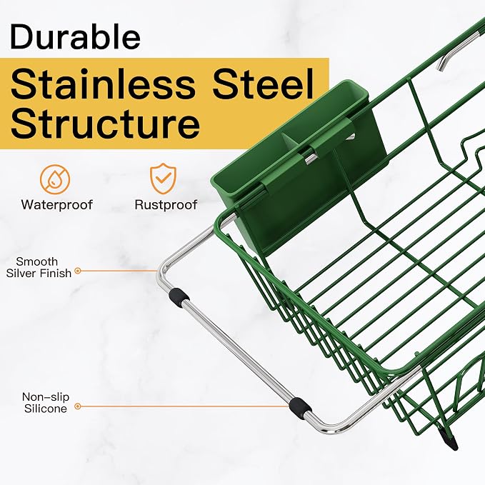 JASIWAY Green Dish Drying Rack in Sink, Dish Drainer with Utensil Holder | Over The Sink Expandable Stainless Steel Strainer Dryer Rack for Small Kitchen, Counter Space Saving, Fast Drain, Rustproof - Image 5