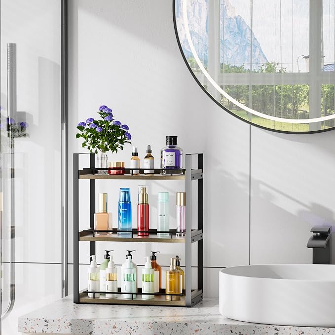 Bathroom Counter Organizer, 3 Tier Wood Countertop Shelf | for Vanity, Skincare, Makeup, Coffee Storage, Wood Shelves, Durable Metal Bracket, for Bathroom Sink, Kitchen (Deep Brown) - Image 7