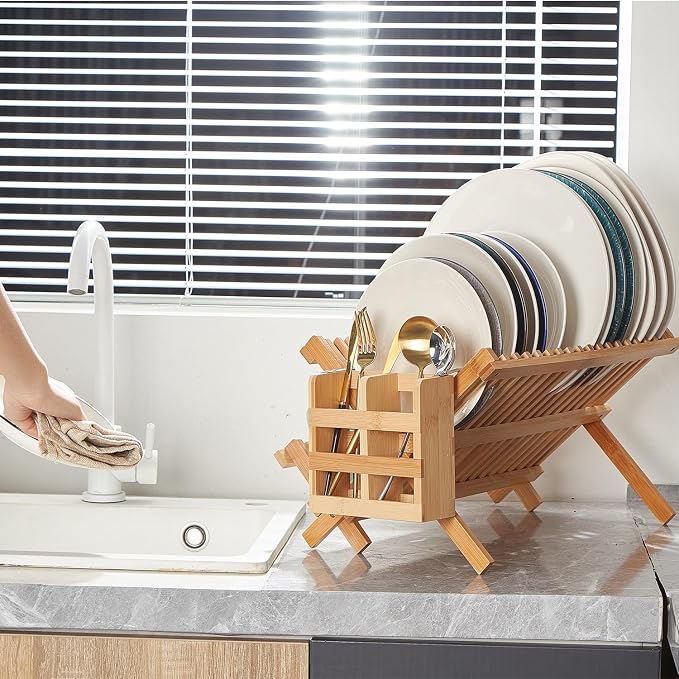 NOVAYEAH Bamboo Dish Drying Rack-2 Tier, Collapsible Small Dish Rack with Utensil Holder, Wooden Drying Rack for Kitchen Counter, Apartment Essentials Kitchen Plate Holder Organization 34 pcs Grid | 2-Tier Collapsible Large Dish Drying Rack Folding Dry... - Image 3