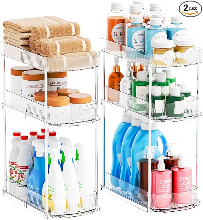 2 Pack 13.8″ Deep 3 Tier Under Sink Storage Organizer,Large Pull Out Bathroom Organizers and Storage,Slide Out Acrylic Undersink Storage Shelf,Kitchen Under Sink Organizer for Cleaning Products by Yieach
