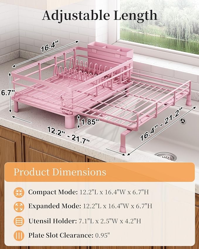 SAYZH Expandable Dish Drying Rack for Kitchen Counter, Metal, Pink | Foldable Over Sink, Large Capacity, Rust-Resistant, Adjustable for Most Sinks, Automatic Drainage, Removable Utensil Holder - Image 2