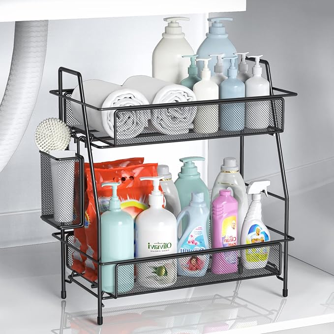 Large Countertop Organizer for Bathroom Counter, Bathroom Organizers and Storage, Under Sink Organizer Spice Rack Organizer for Kitchen with Basket(Black) - Image 3