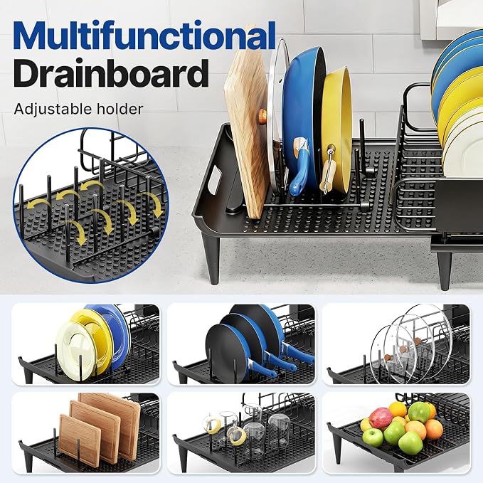 Urackify Expandable Dish Drying Rack with Drainboard for Kitchen Counter | Expands from 16.9 to 26.6 inches to fit more dishes, plates with fast drainage and flexible placement for any sink - Image 5
