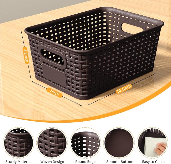 8 Pack Plastic Storage Baskets,Brown Stackable Storage Bins | 5.3qt Storage Containers with Labels for Organizing Shelves Drawers Desktop Closet Playroom Classroom Office - Image 2
