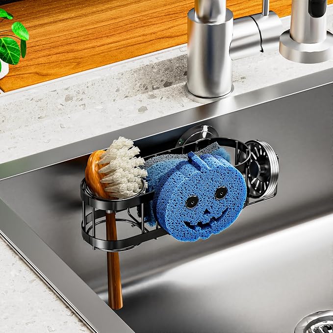 Cisily Sponge Holder Smiley Face, Sink Caddy for kitchen Sink, Kitchen Organizer Sponge Holder with 2 PCS Suction Cups and Adhesive Strips, Designed for Sponge, Soap, Dish brush, Scrubber-Black - Image 6
