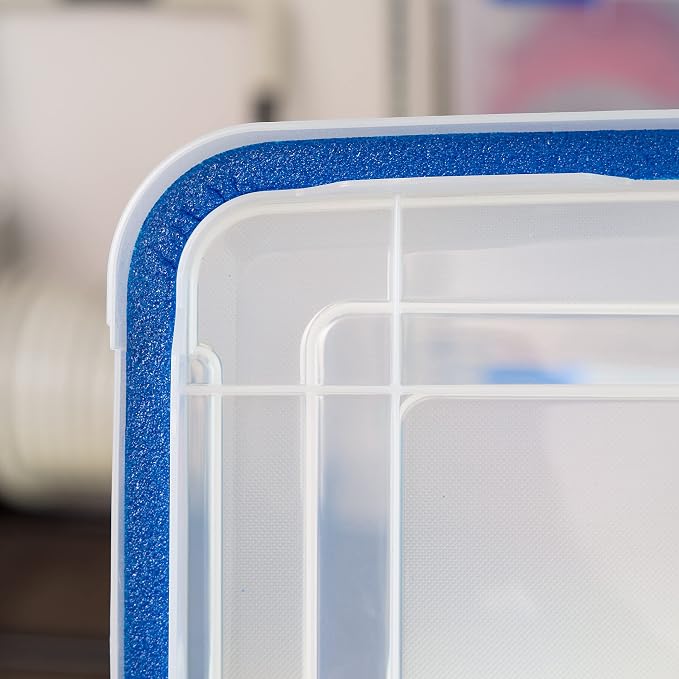 IRIS USA 3-Pack 74 Qt Storage Bins with Gasket Lids, Clear/Blue | WeatherPro seal helps protect bulky items for moving, garage, attic and basement storage - Image 3