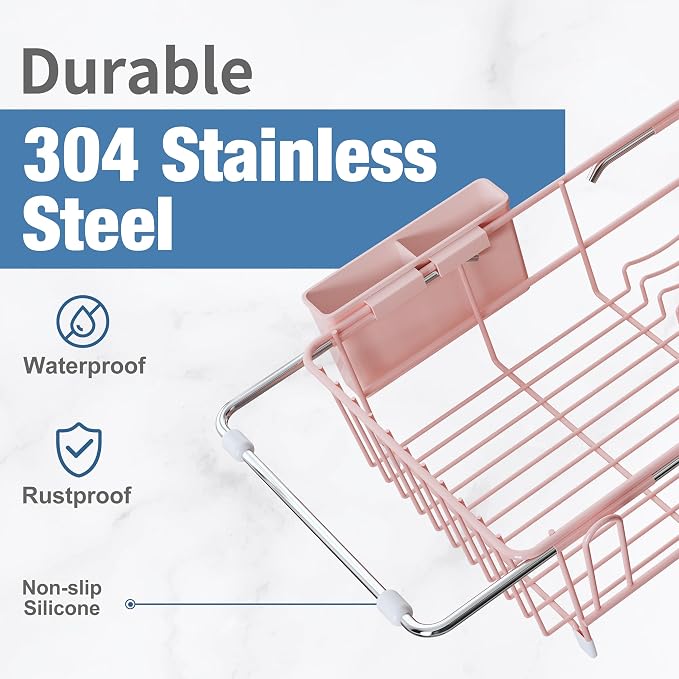 JASIWAY Pink Dish Drying Rack in Sink with Drainboard and Utensil Holder | Use Over the Sink or Counter, Stainless Steel Expandable Dish Drainer for Small Kitchen, Space Saving, Fast Drain, Rustproof - Image 6
