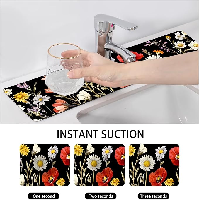 Bimkole 2 PCS Faucet Absorbent Mat, Kitchen Faucet Sink Splash Guard Wraparound Cloth Pads Drip Catcher for Sink Faucet for Kitchen Bathroom Faucet, Colorful Faucet Mat, 15 x 4 Inch Flower A1 - Image 4