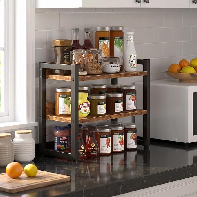 Kitchen Countertop Organizer Shelf, 3 Tier Spice Rack Wood Coffee Counter Shelf Kitchen Cabinet Organizer with Metal Leg for Countertop, Pantry, Bathroom Countertop Organizer, Rustic Brown - Image 2