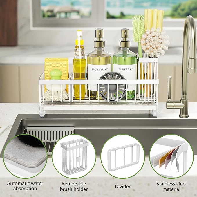 Cisily Extra Large Sink Caddy Organizer with Drying Stone, White Sponge Holder for Kitchen, Dish Brush Holder for Countertop, Kitchen Decor Storage and Essentials - Image 3
