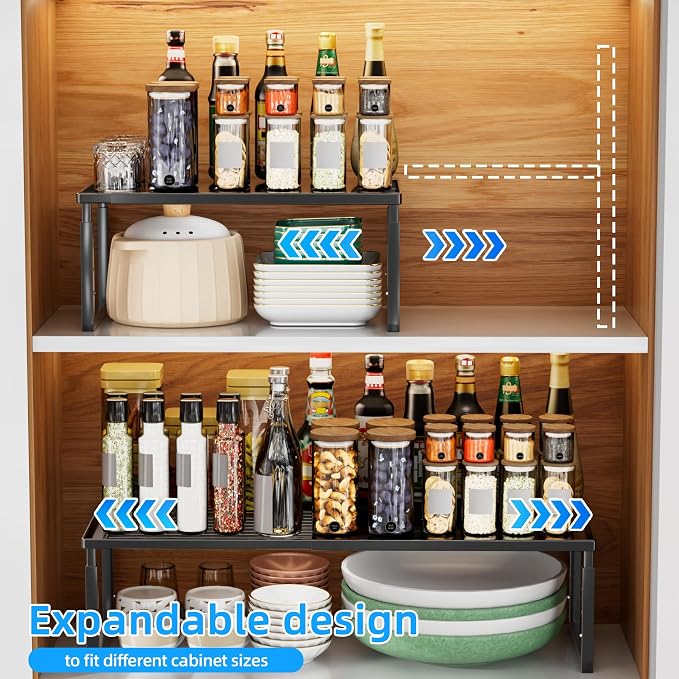 Cabinet Shelf, 1 Pack Expandable Shelf for Kitchen Storage | Stackable & Height Adjustable Cabinet Organizer Shelf | Metal Shelf Organizer | Black Spice Rack for Pantry Storage - Image 4