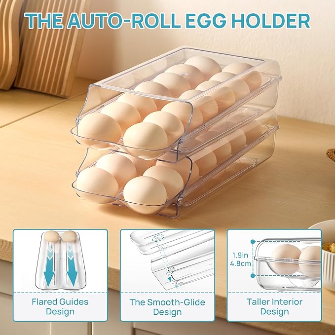 Vtopmart 2 Pack Egg Holder for Fridge, Automatic Rolling Egg Container | Stackable Clear 14-Count Eggs Organizer with Removable Inner Tray, Egg Storage for Refrigerator, Space Saving - Image 3