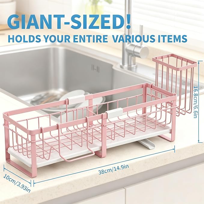 Extra Large Extendable Sponge Holder for Kitchen Sink Caddy Organizer | Rustproof Sink Caddy Organizer with High Brush Holder, Dish Soap Dispenser Organizers and Storage (Black) - Image 2