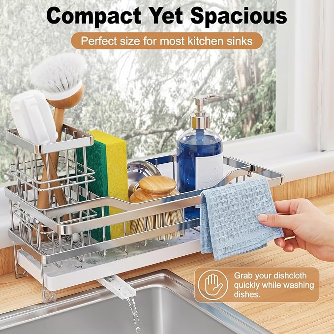Sponge Holder for Kitchen Sink, Self-draining Sink Caddy with Towel Rack and Brush Holder, Metal Kitchen Countertop Organizers and Storage Essentials, Silver - Image 6