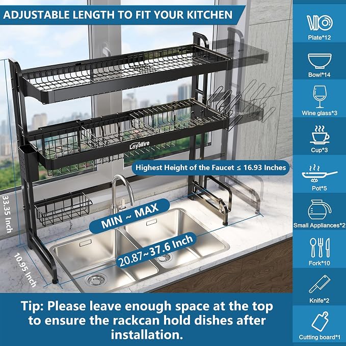 Loyalfire Over Sink Dish Drying Rack, 3 Tier Adjustable Length (20.87'' to 37.6'') Full Stainless Steel Large Storage Kitchen Dish Rack, Expandable Drainer Shelf Rack with Multifunctional Organizers - Image 2