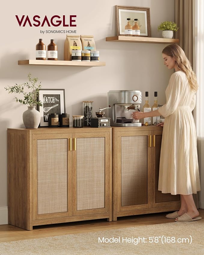 VASAGLE ELLAN Collection - Boho Buffet Cabinet with Rattan-Look Doors, Sideboard Storage Cabinet, Rounded Corners, Adjustable Shelf, for Kitchen, Natural Brown UBBK345KC01 - Image 3