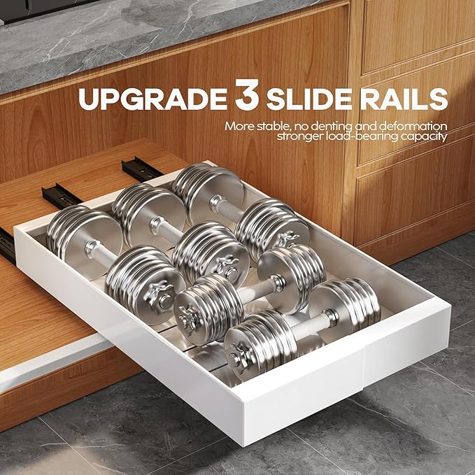 Seinloes 4 Pack Expandable (9"-14") Pull Out Cabinet Organizer 21" Deep With Raising Pad for Framed Cabinets,Upgrade 3 Slide Rails Slide Out Drawers,No Drill Roll Out Shelves Adhesive,White - Image 5