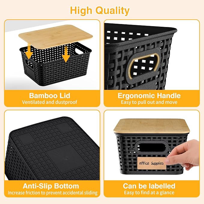 6 Pack Plastic Storage Baskets, Black bamboo lid storage Box | Labels, Stackable, For Organizing Shelves Pantry Drawers Desktop Closets Organizing Desktop Closet Playroom Classroom - Image 6
