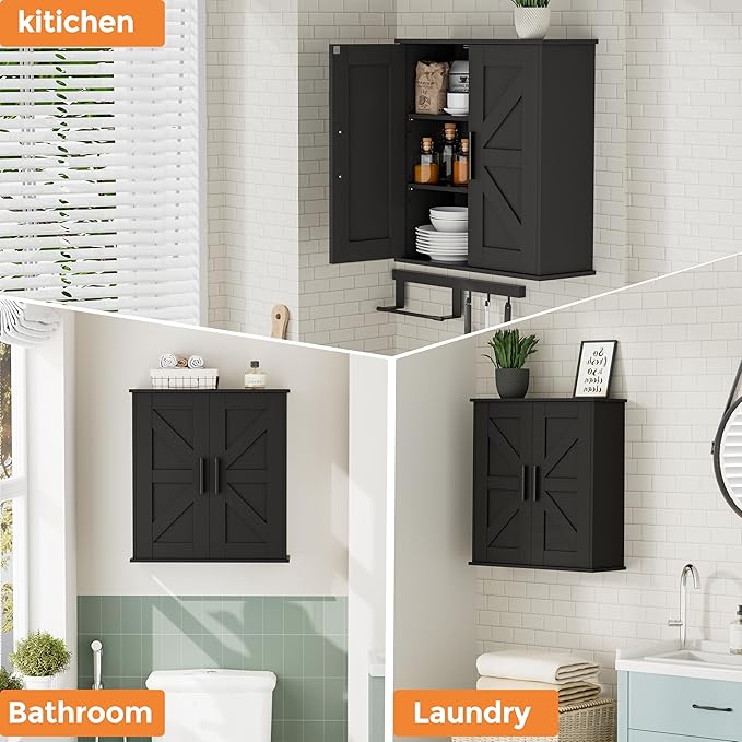 Homleke Bathroom Wall Cabinet, Medicine Cabinet with Adjustable Shelves | 3-Tier Wall Mounted Over Toilet Storage with Barn Doors, for Bathroom, Kitchen, Entryway, Laundry Room, Black, (7.9" D) - Image 6