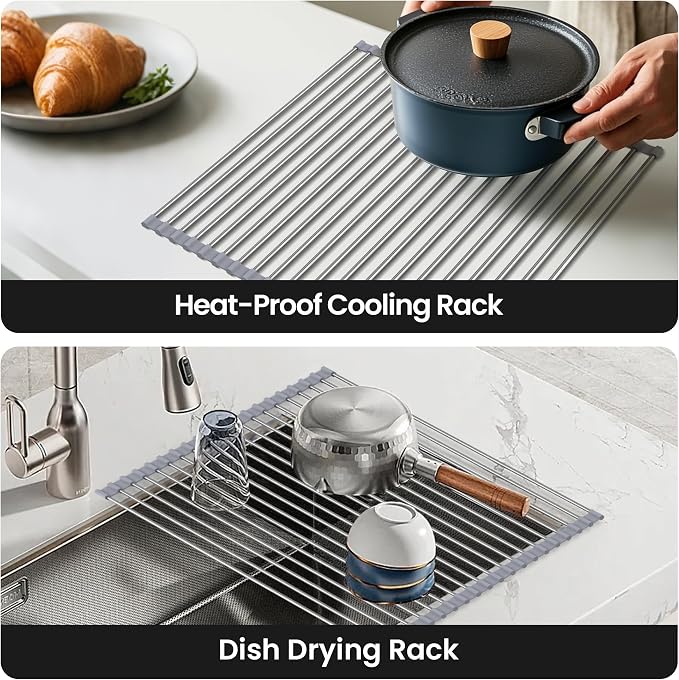 Roll Up Over Dish Rack 17.7”Lx15.5”W, Kitchen Drainer Rack, Gray - Image 3