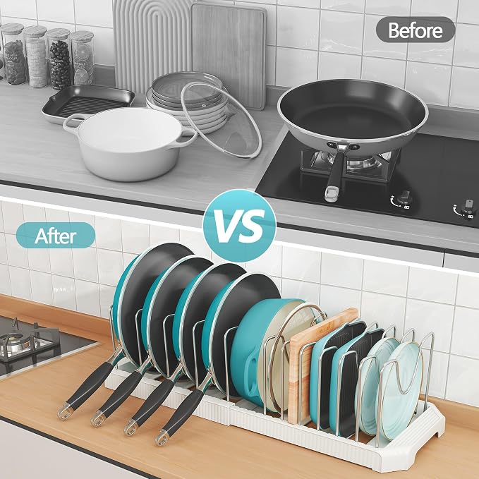 Expandable Pan Organizers Inside Cabinet with 12 Dividers White | Extends 12.9-21.9", Holds cookie sheets, cutting boards, pot lids and pans, iron dividers, plastic base, under cabinet rack - Image 6