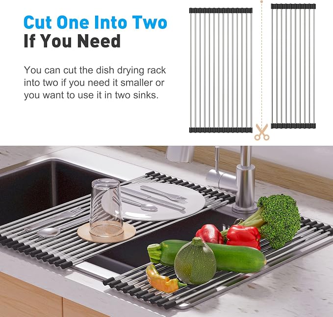 Roll Up Dish Drying Rack Over The Sink, Dish Drying Rack for Kitchen Counter, Multipurpose Stainless Steel Foldable Kitchen Drainer Rack with Silicone Mat, Anti-Slip,(Black, 20.8"x18.1") - Image 3