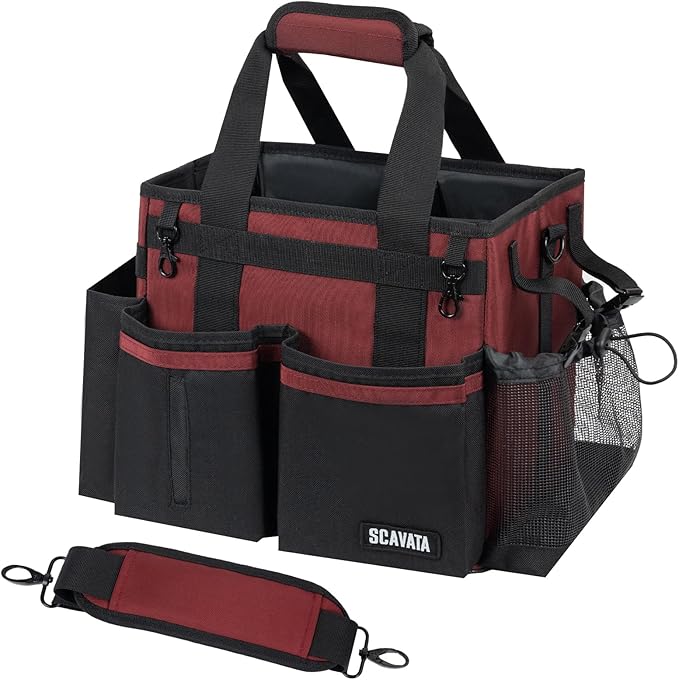 SCAVATA Compact Wearable Cleaning Caddy with Handle & Shoulder Straps | Small Cleaning Supplies Organizer, Under Sink & Car Cleaning Tools Storage Bag for Housekeepers Cleaners, AncoraRed by Tidyyourlife
