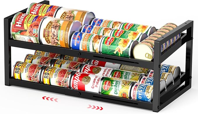 2-Tier Can Organizer for Pantry, Expandable Length Can Rack for Kitchen Shelf Organizer and Storage, Sturdy Metal Standing Can Holder for Canned Soup Soda Food Goods Storage, Stackable by GLISWAM