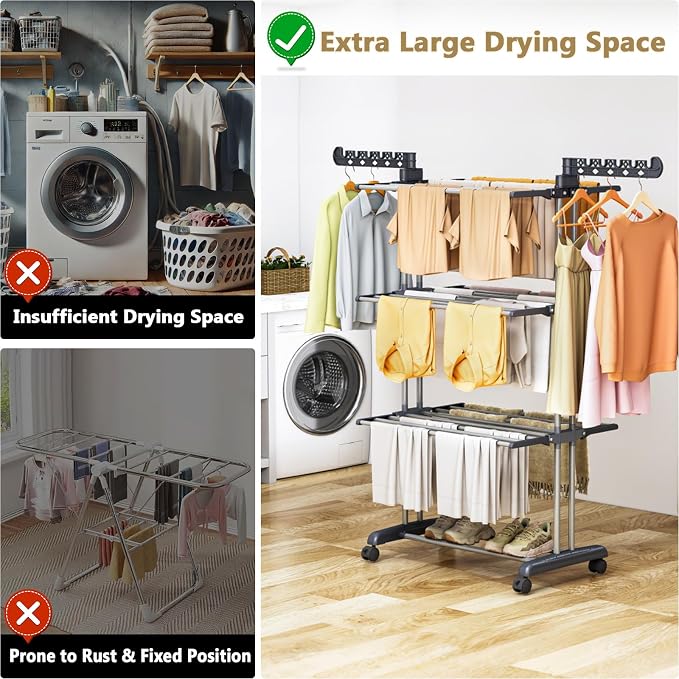 Upgraded 4-Tier Clothes Drying Rack, Drying Rack Clothing with Wheels | Large Foldable Laundry Drying Rack, Clothes Rack with Side Hooks for Indoor Outdoor Air Drying, 19.68"D x 29.9"W x 67.7"H - Image 6