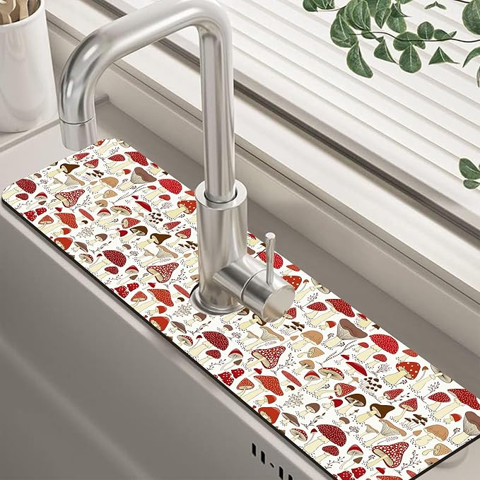 Cartoon Mushrooms Dish Drying Mat for Kitchen Sink Splash Guard Behind Faucet Sink Mat Absorbent Fast Drying Faucet Draining Mat for Bathroom Kitchen 5.5"×24" by Unknown