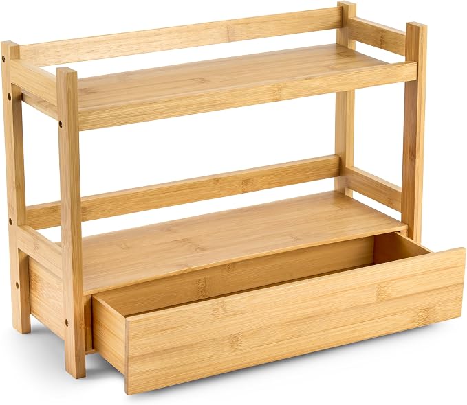 Sorbus 2-Tier Bamboo Countertop Shelf with Hidden Drawer for Vanity, Matcha Shelf, Bathroom Storage Cabinet, Under Sink Organizer, Bathroom Storage, Matcha Station Shelf (17″ L x 6.5″ W x 12.6″ H) by Sorbus
