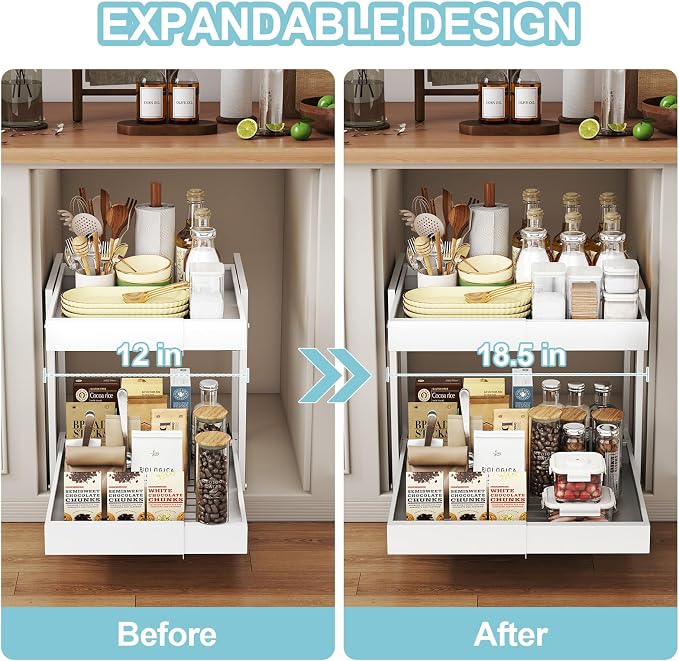 2-Tier Expandable Pull Out Cabinet Organizer, Cabinet Drawers, 21"D | Cabinet Pull Out shelves, Adjustable Pantry Drawers, Slide Out Drawers for Kitchen Cabinets, Under Sink Organizer,Large White - Image 3