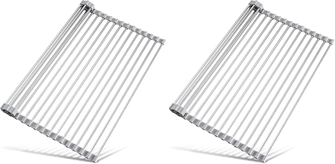 Tomorotec 17.7" x 15.5" Roll Up Dish Drying Rack Over Sink Drying Rack Sink Cover Kitchen Sink Accessories Gadget Multipurpose Organizer Foldable Stainless Steel Drainer (Grey) (Pack of 2) by Tomorotec