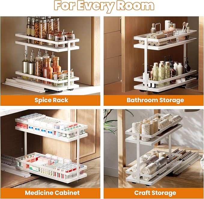 Pull Out Spice Rack 4Pcs Metal & Wood Seasoning Organizer White | No-Drill Install | Full-Extension Silent Glide | Each Tier Holds 10–12 Standard Spice Bottles | Rustproof, Wipe-Clean Surface - Image 2