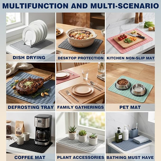 CAKETIME 2 Pack Silicone Dish Drying Mat for Kitchen Counter Place mats Cooking Accessories Drainers Rack Under Sink Protector Home Household Items Extra Large 18"x16" Beige - Image 4