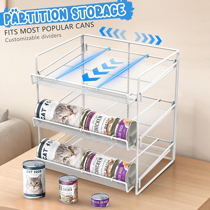 Cat Food Can Organizer 3-Tier Can Organizer for Pantry 84 Cans 3.5oz | White metal 3-tier cat food can organizer,Holds 84 cans 3.5oz,Adjustable pantry countertop storage for kitchen cabinet - Image 4