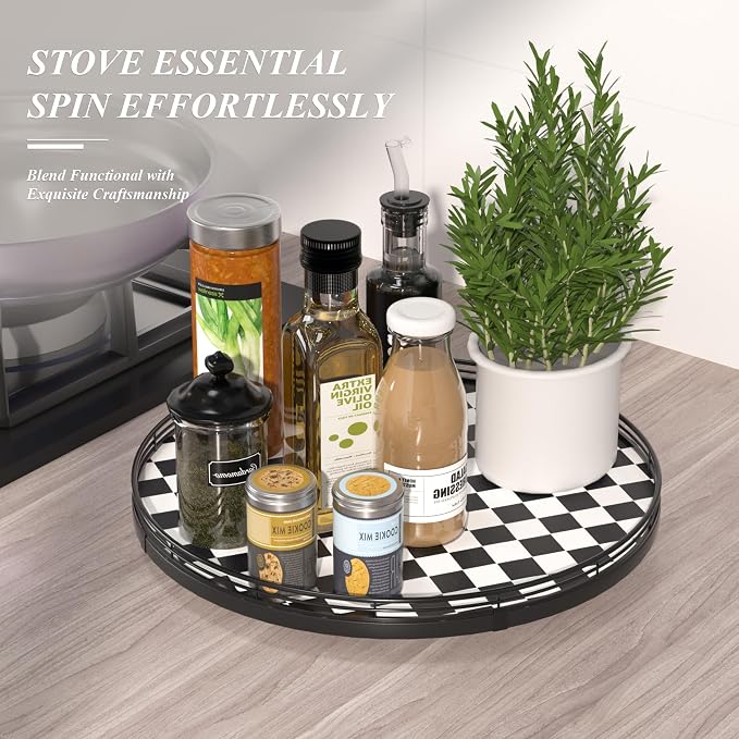 AMH 16-Inch Black and White Checkerboard Lazy Susan Decorative Tray | Smooth rotating oak tray with walnut finish for dining tables, kitchen counters, pantries and cabinet storage. - Image 5