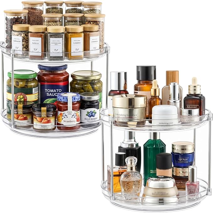 2 Set 2 Tier Non-Skid Acrylic Lazy Susan Organizer - Rotating Spice Rack - Turntable Spinning Organization for Kitchen, Pantry, Countertop, Closet, Bathroom, Vanity, Medicine Cabinet Organizing, 10'' by MakeLifeBetterEasier