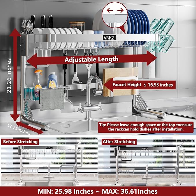VNKZI Over Sink Dish Drying Rack, 2 Tier Full Stainless Steel Storage Adjustable Length (25.98'' to 36.61'') Kitchen Rack, Multifunctional Expandable Counter Organizer, Space Saver Dish Rack - Image 2