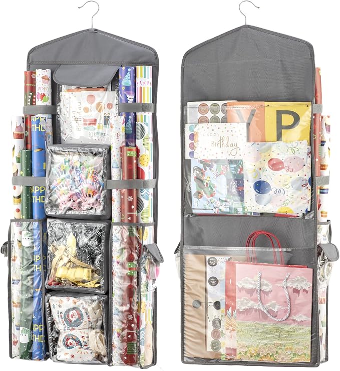 Christmas Wrapping Paper Organizer Storage, Hanging Gift Bag Storage Organizer, Double-Sided Wrapping Paper Holder Storage - Grey by EOLIMEX