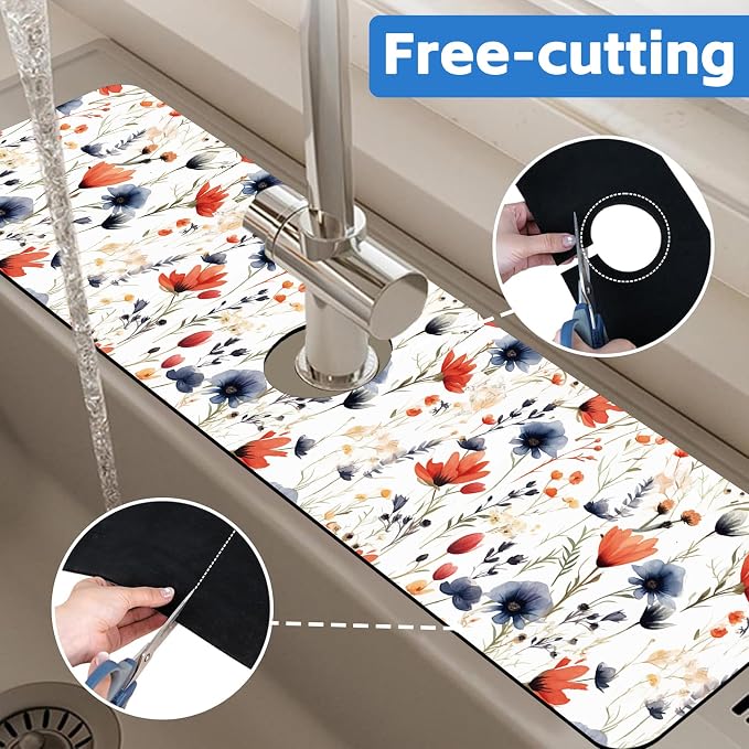 Watercolor Red and Blue Flowers Sink Faucet Absorbing Mat Sink Splash Guard Faucet Mat Draining Mat Fast Drying Sink Protectors for Kitchen and Bathroom 5.5"×24" - Image 7