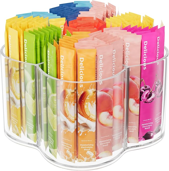 Drink Packet Organizer for Powdered Drink Mix, Divided Rotating Lazy Susan | Lazy Susan Turntable Organizer for Powder Packet, Clear Turntable Organizer Tray for Water Flavor Packets, Powder Mixes by SlowSLog