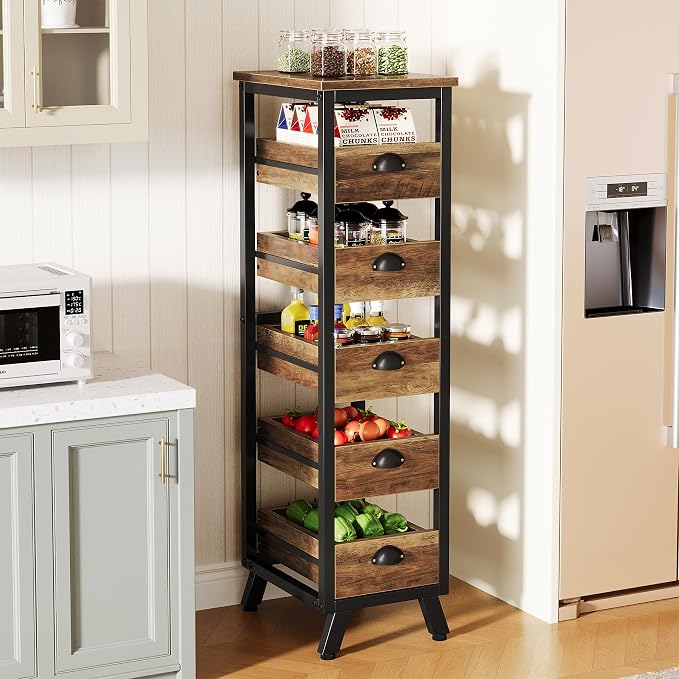 Tribesigns 5-Tier Narrow Kitchen Stand Fruit and Vegetable Storage Rack | Wood Corner Snack Stand Kitchen Stand Fruit Basket, Pull-Out Utility Organizer for Kitchen, Living Room, Rustic Brown - Image 3