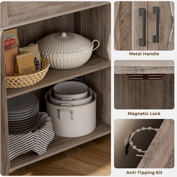 Homhedy Coffee Bar Storage Cabinet with Drawers, Kitchen Buffet Cabinet | Sideboard Cabinet with Doors, Farmhouse Buffet Cabinet, Adjustable Shelves, for Kitchen / Dining / Living Room, Greige - Image 6