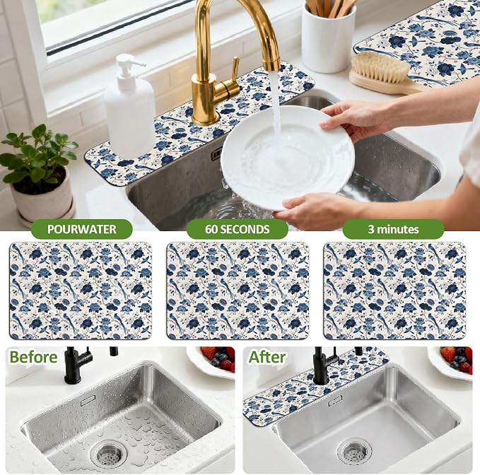 3 Pcs 2 Size Kitchen Sink Splash Guard Faucet Mat Blue Flowers and Birds Pattern Faucet Mats for Sinks Vintage Flower Absorbing Drying Mat for Kitchen Bathroom - Image 4